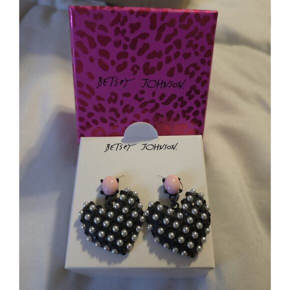 Betsey Johnson Jewelry - Betsey Johnson Earrings Wonderland Faux Black Crystal Heart Faux Pearl Pink
